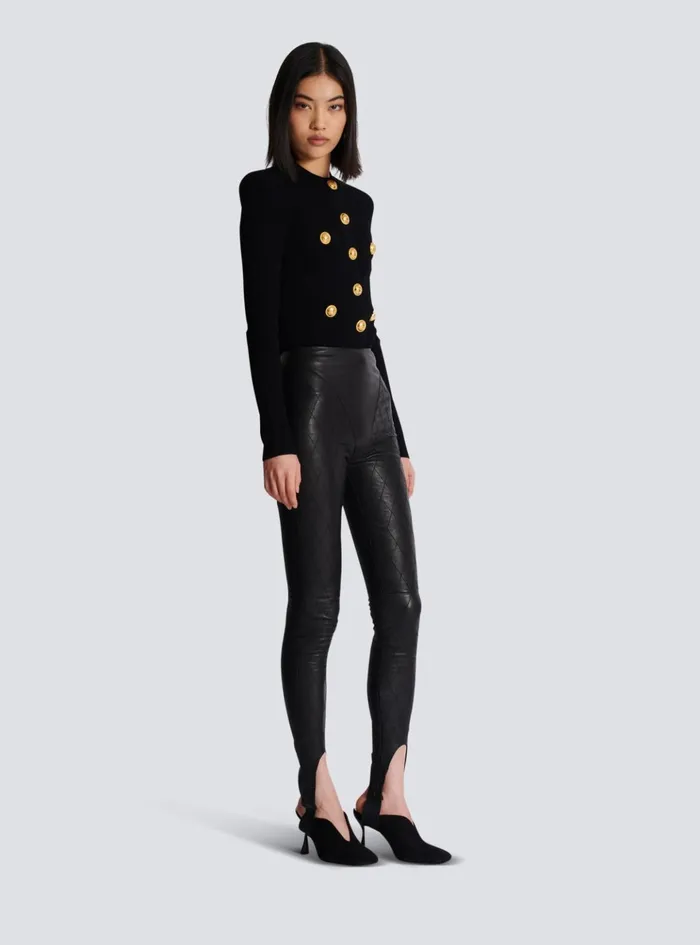 Topstitched Leather Leggings Black Women Balmain Trousers And Shorts