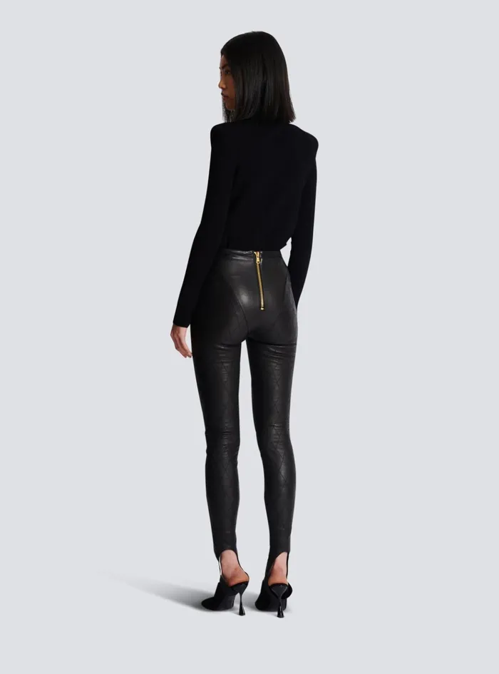 Topstitched Leather Leggings Black Women Balmain Trousers And Shorts