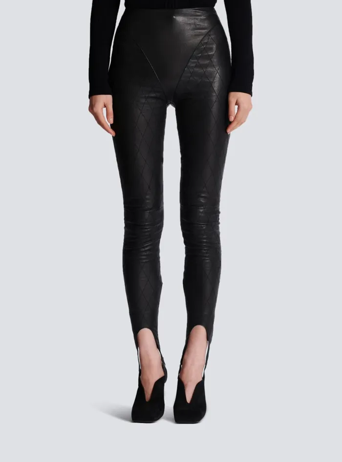 Topstitched Leather Leggings Black Women Balmain Trousers And Shorts