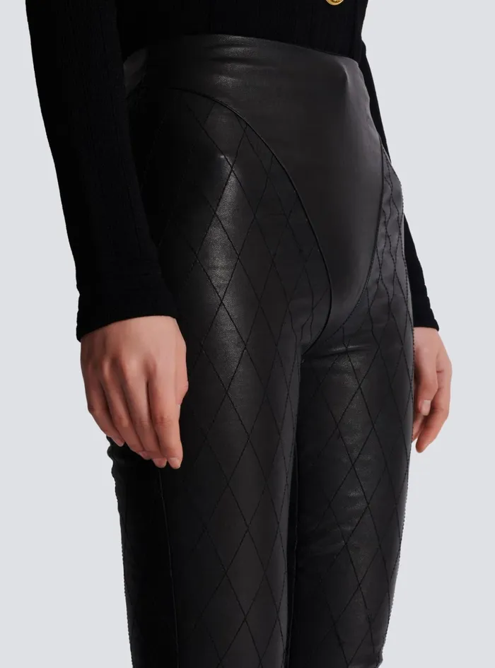 Topstitched Leather Leggings Black Women Balmain Trousers And Shorts