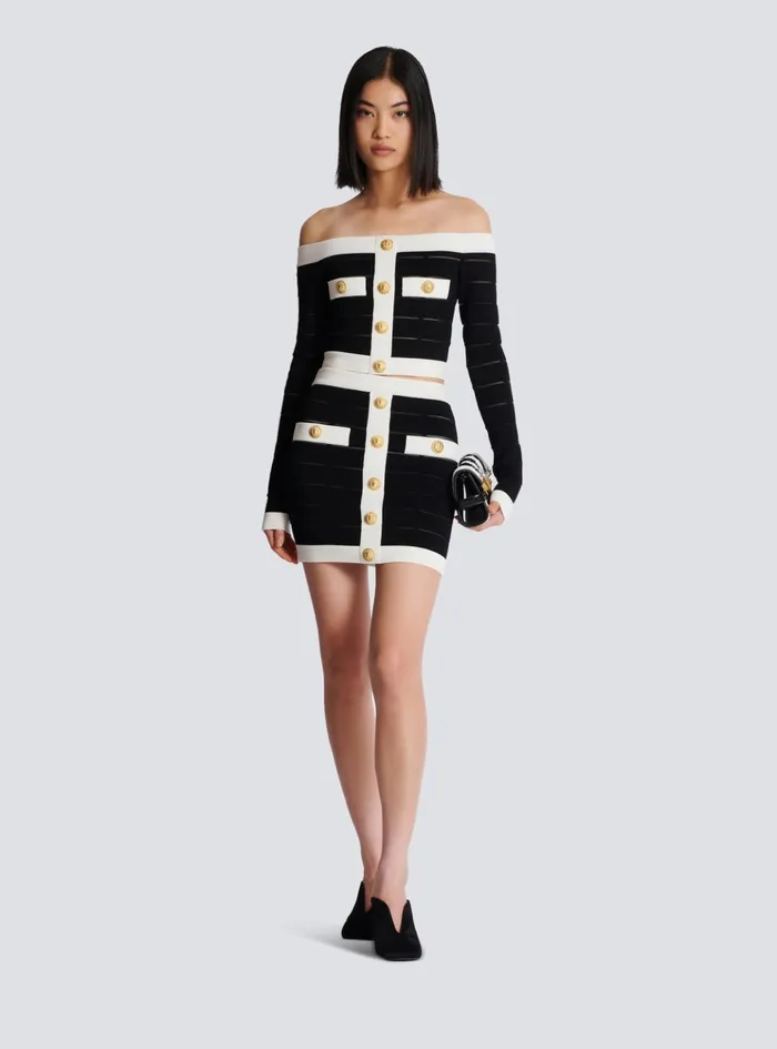 Twotone Buttoned Knit Skirt Black Women Balmain Skirts