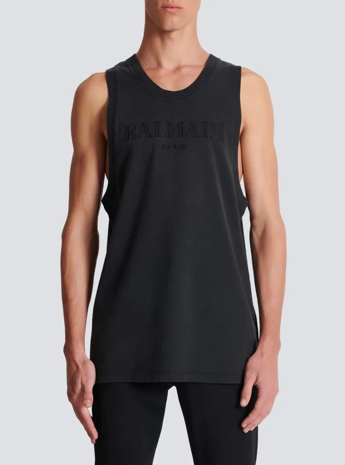 Vintage Embroidered Tank Top Grey Men Balmain TShirts