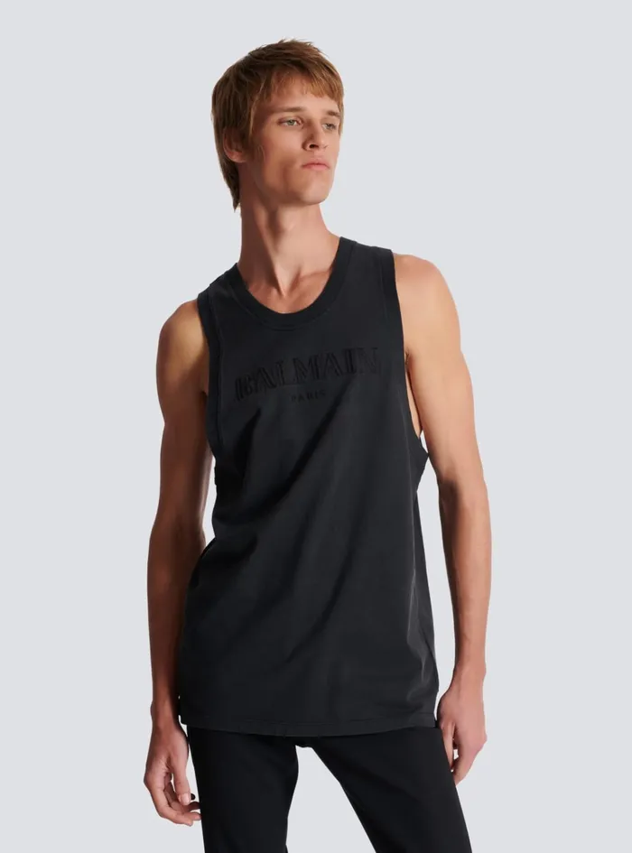 Vintage Embroidered Tank Top Grey Men Balmain TShirts