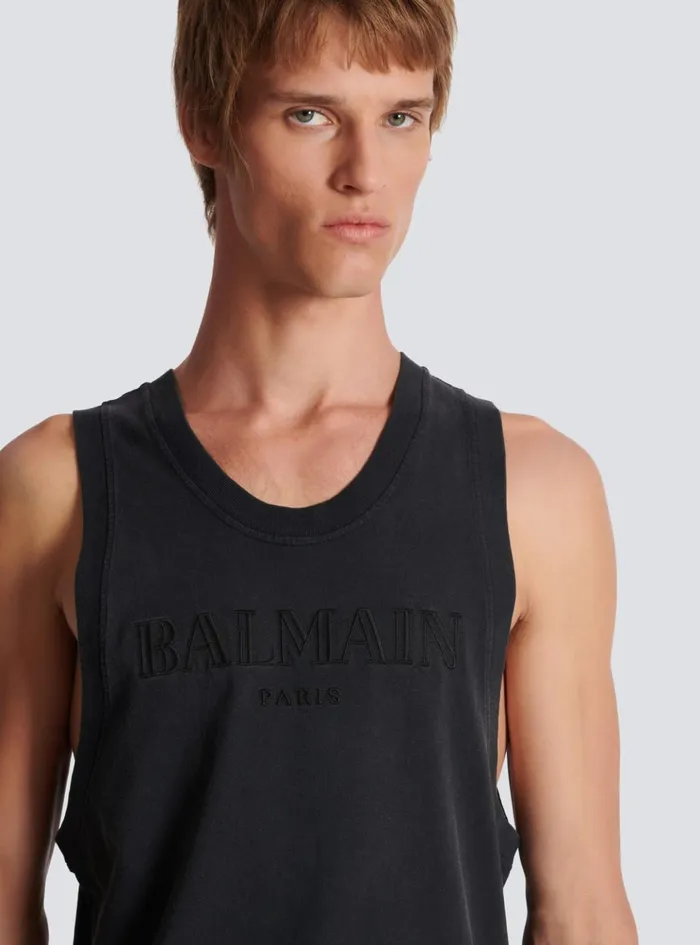 Vintage Embroidered Tank Top Grey Men Balmain TShirts