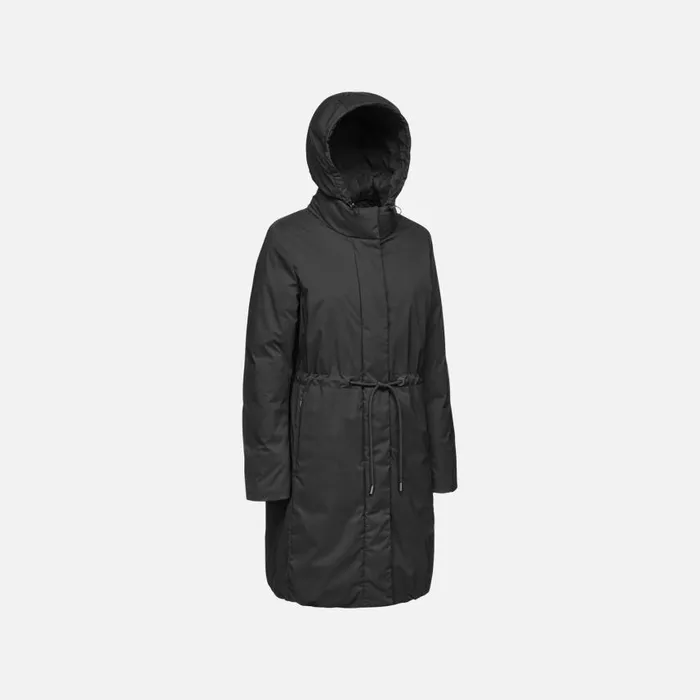 Woman Geox Down Jackets ELEANA WOMAN Black Fulllength Quilted Coat Black