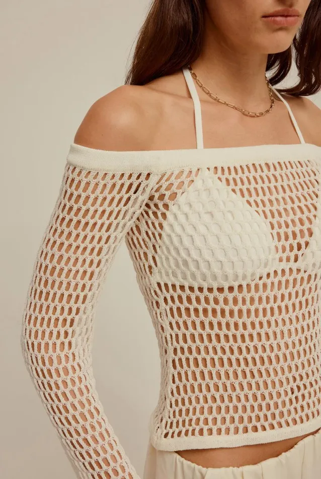 Woman Venroy Knitwear Crochet Off Shoulder Top