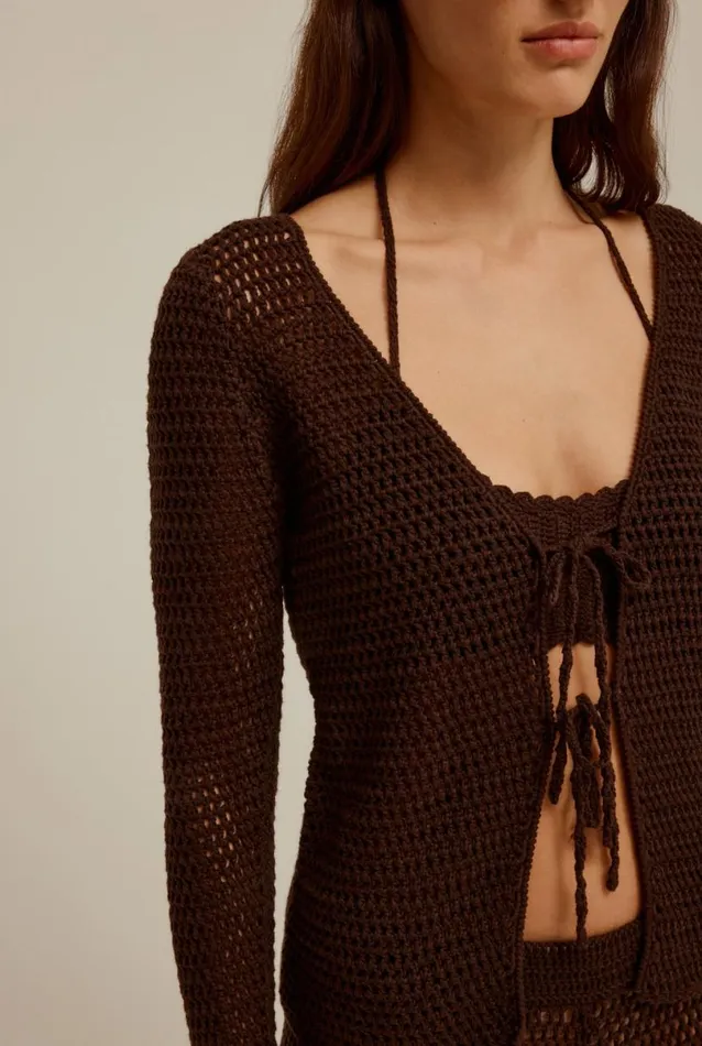 Woman Venroy Knitwear Crochet Tie Front Top