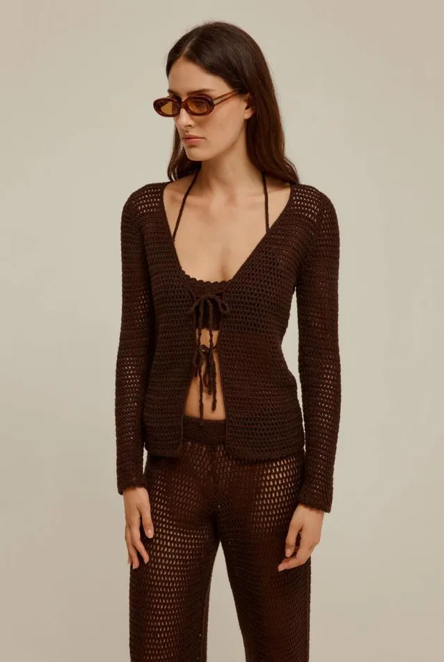 Woman Venroy Knitwear Crochet Tie Front Top
