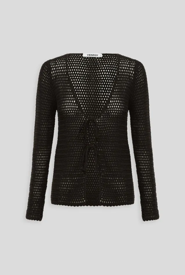Woman Venroy Knitwear Crochet Tie Front Top