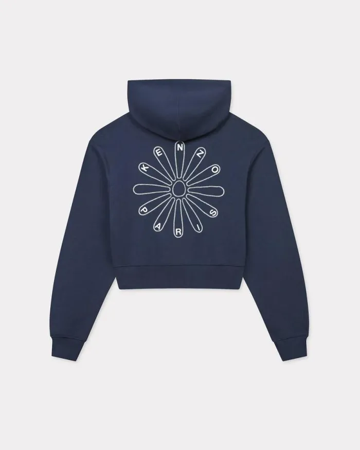 Women 039KENZO Marguerite039 Embroidered Cropped Hoodie In Cotton Blue Black Kenzo Sweatshirts And Hoodies