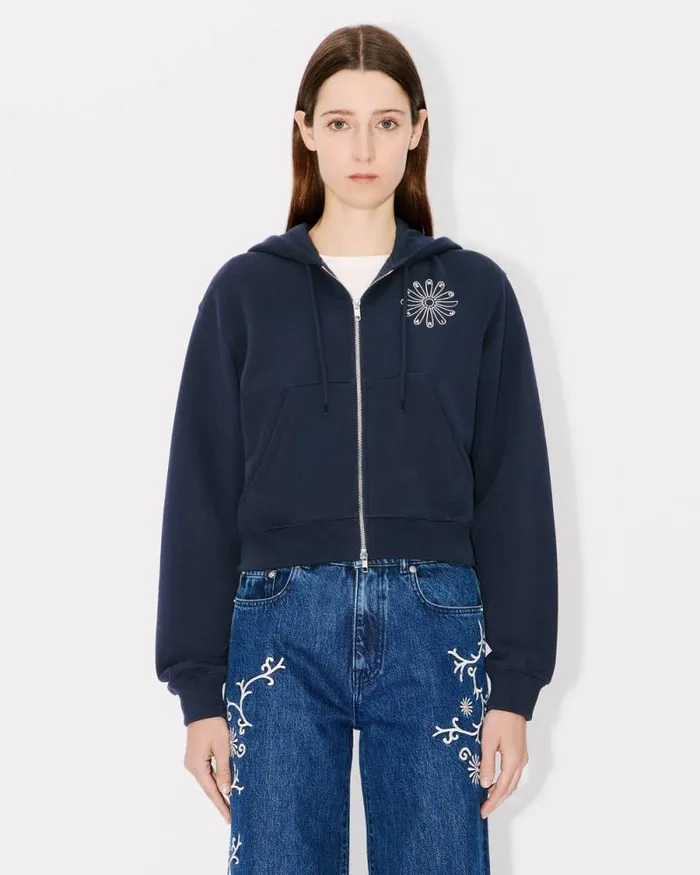 Women 039KENZO Marguerite039 Embroidered Cropped Hoodie In Cotton Blue Black Kenzo Sweatshirts And Hoodies
