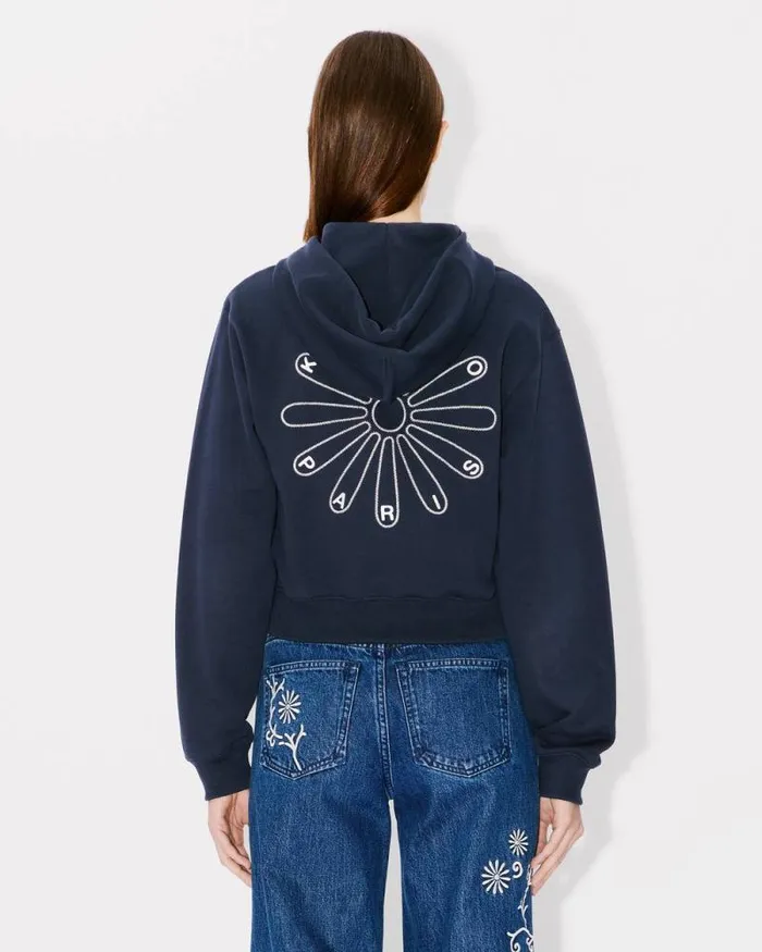 Women 039KENZO Marguerite039 Embroidered Cropped Hoodie In Cotton Blue Black Kenzo Sweatshirts And Hoodies