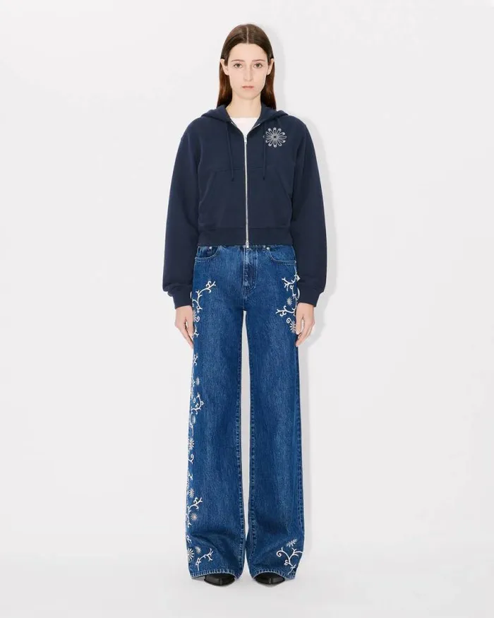 Women 039KENZO Marguerite039 Embroidered Cropped Hoodie In Cotton Blue Black Kenzo Sweatshirts And Hoodies