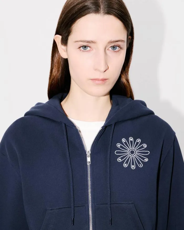 Women 039KENZO Marguerite039 Embroidered Cropped Hoodie In Cotton Blue Black Kenzo Sweatshirts And Hoodies