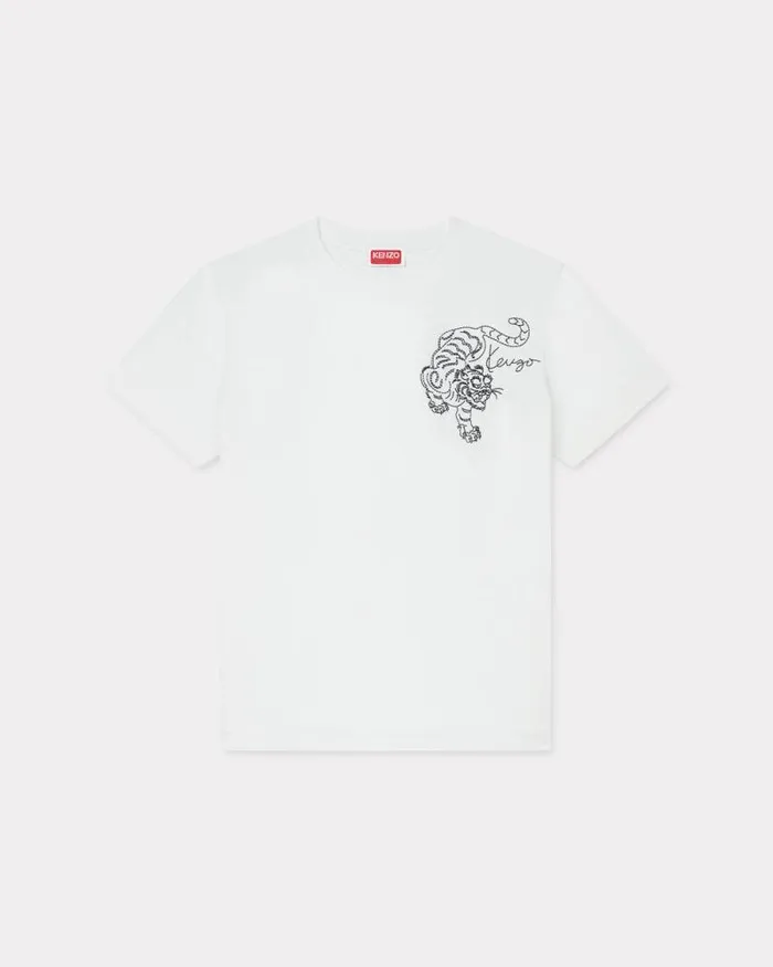 Women 039KENZO Star Tiger039 Embroidered Loose Tshirt In Cotton Off White Kenzo Tshirts And Polos Women 039KENZO Star Tiger039 Embroidered Loose Tshirt In Cotton Off White Kenzo Tshirts And Polos