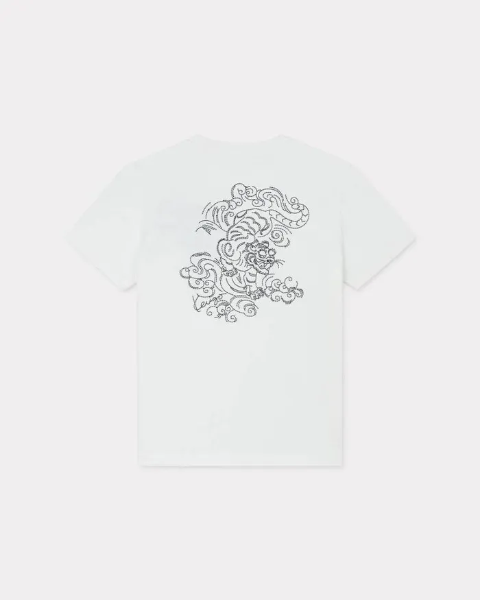 Women 039KENZO Star Tiger039 Embroidered Loose Tshirt In Cotton Off White Kenzo Tshirts And Polos