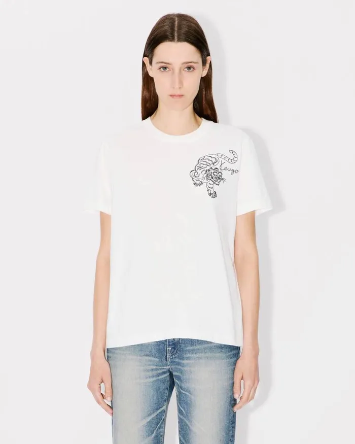 Women 039KENZO Star Tiger039 Embroidered Loose Tshirt In Cotton Off White Kenzo Tshirts And Polos