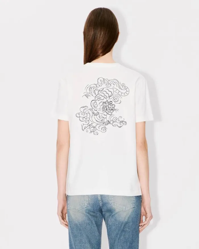 Women 039KENZO Star Tiger039 Embroidered Loose Tshirt In Cotton Off White Kenzo Tshirts And Polos