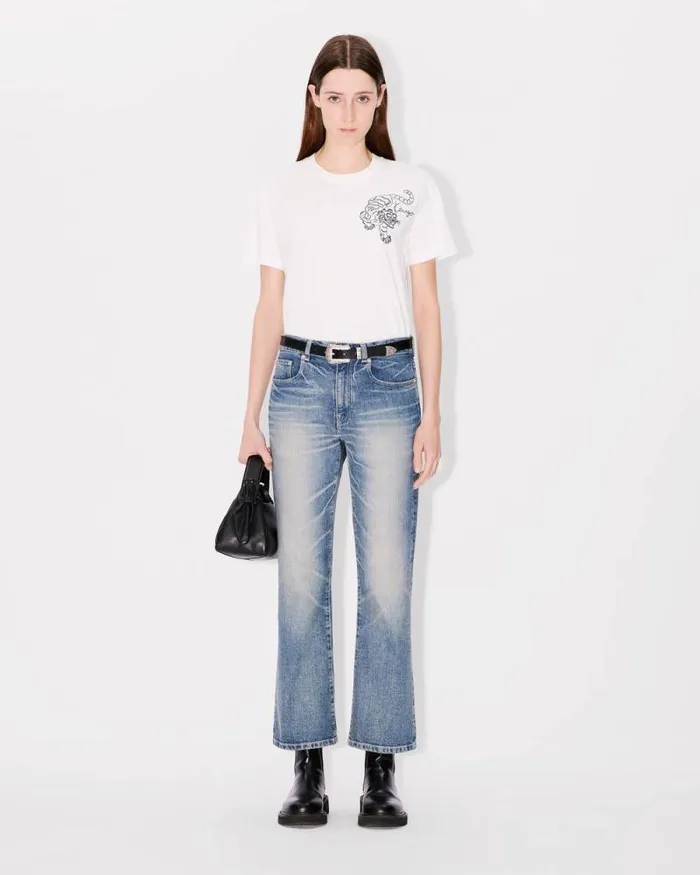 Women 039KENZO Star Tiger039 Embroidered Loose Tshirt In Cotton Off White Kenzo Tshirts And Polos