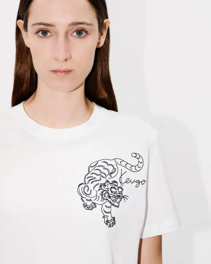 Women 039KENZO Star Tiger039 Embroidered Loose Tshirt In Cotton Off White Kenzo Tshirts And Polos