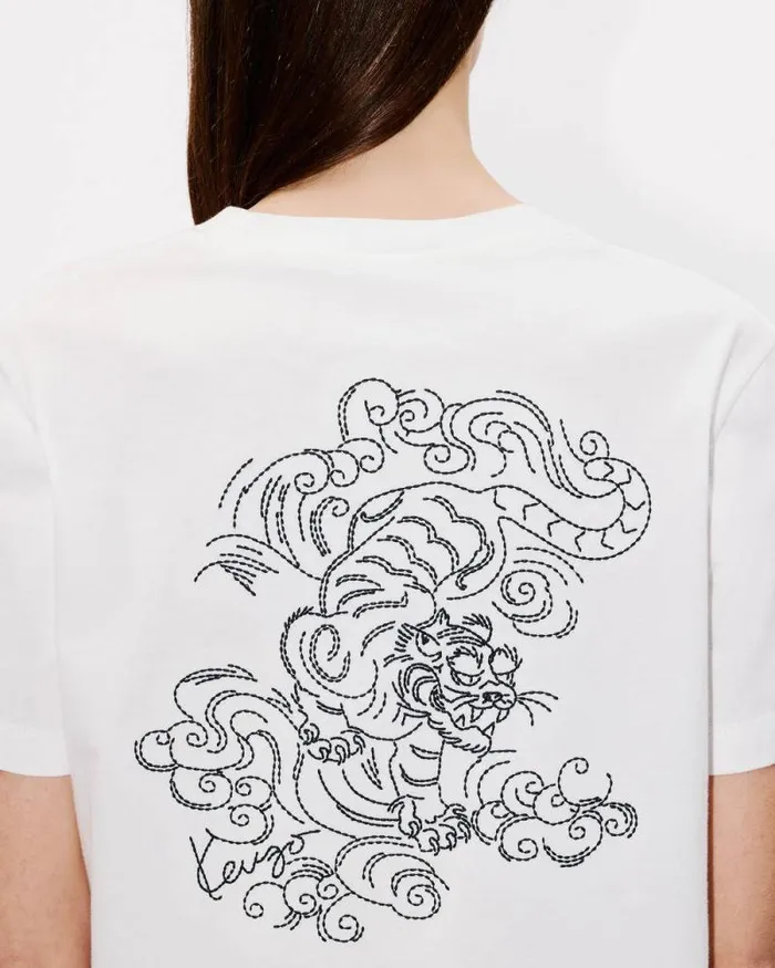 Women 039KENZO Star Tiger039 Embroidered Loose Tshirt In Cotton Off White Kenzo Tshirts And Polos