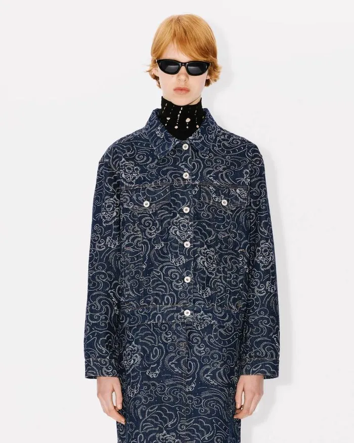 Women 039KENZO Star Tiger039 Oversized Trucker Jacket In Japanese Denim Rinse Blue Denim Kenzo Jackets And Coats