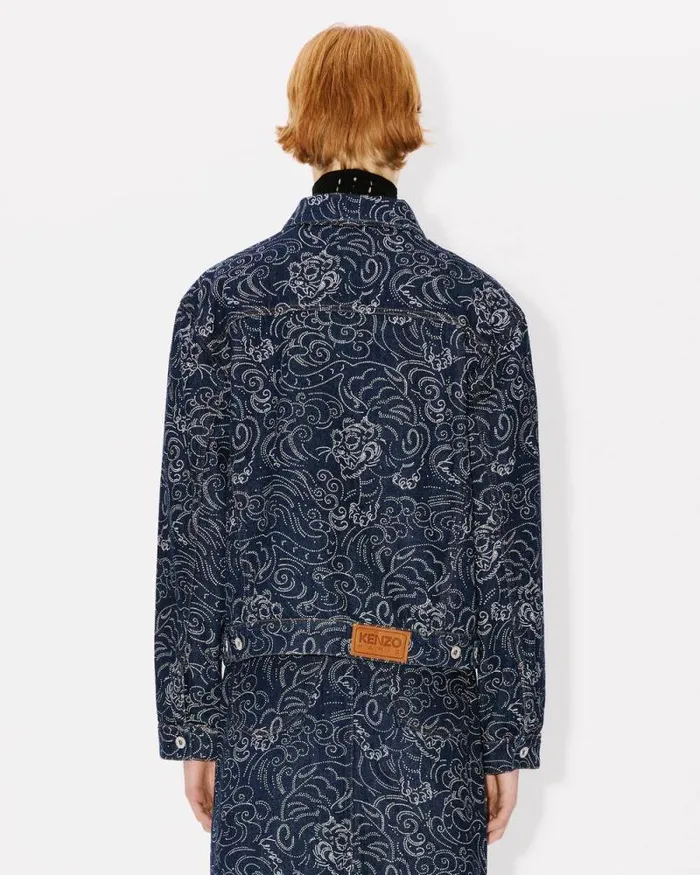Women 039KENZO Star Tiger039 Oversized Trucker Jacket In Japanese Denim Rinse Blue Denim Kenzo Jackets And Coats