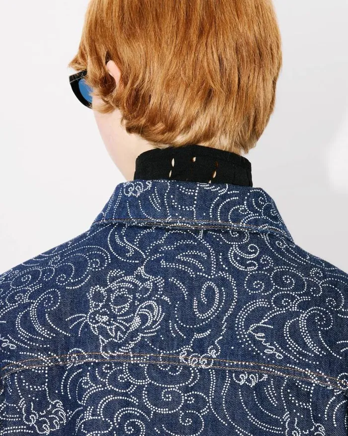 Women 039KENZO Star Tiger039 Oversized Trucker Jacket In Japanese Denim Rinse Blue Denim Kenzo Jackets And Coats