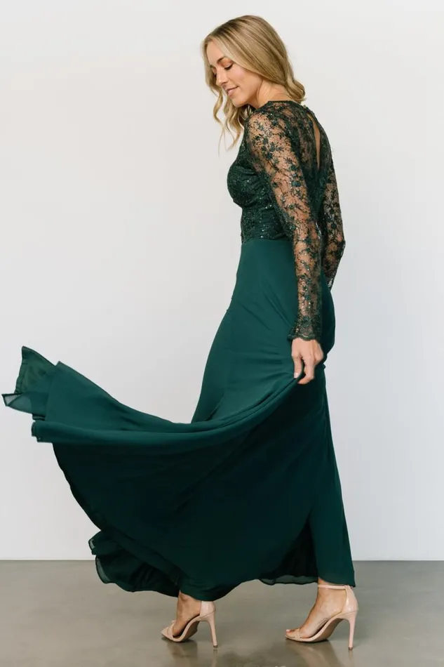 Women Adalaide Long Sleeve Maxi Dress Dark Green Baltic Born Embellished and Sequined