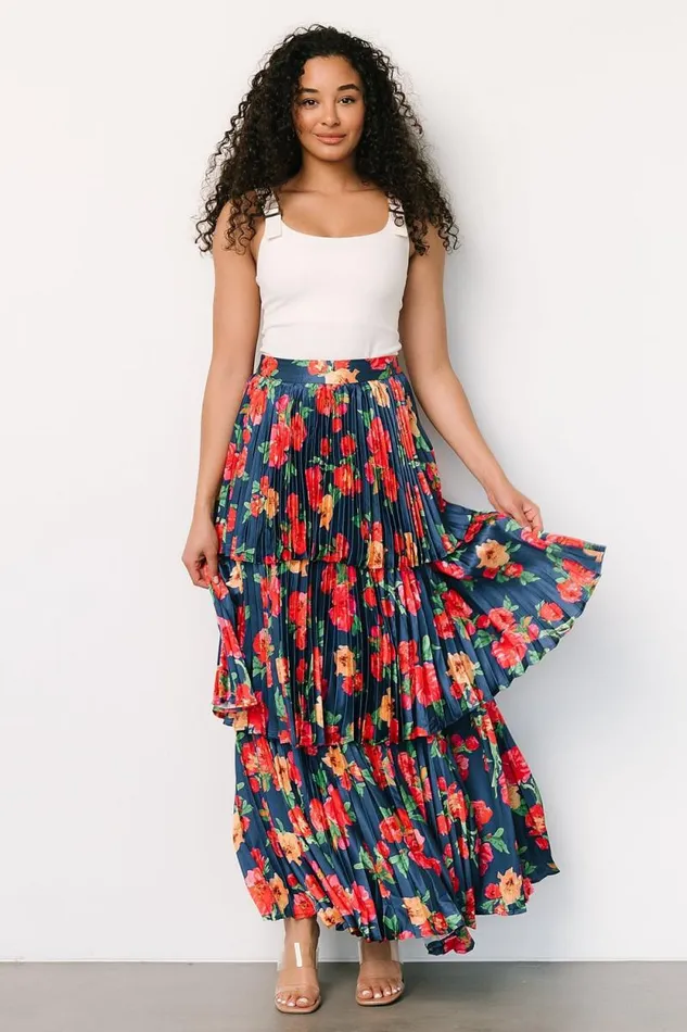 Women Alaina Tiered Maxi Skirt Navy Floral Baltic Born Skirts