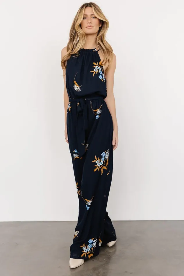 Women Alameda Halter Jumpsuit Navy Blue Floral Baltic Born Jumpsuits and Rompers