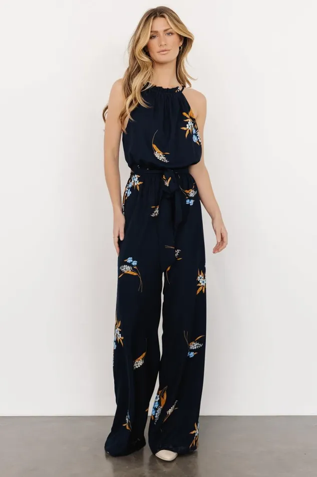 Women Alameda Halter Jumpsuit Navy Blue Floral Baltic Born Jumpsuits and Rompers
