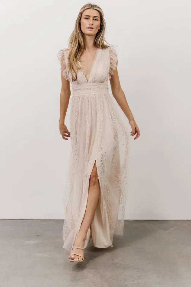 Women Annika Sequin Mesh Maxi Dress Nude Blush Baltic Born Embellished and Sequined