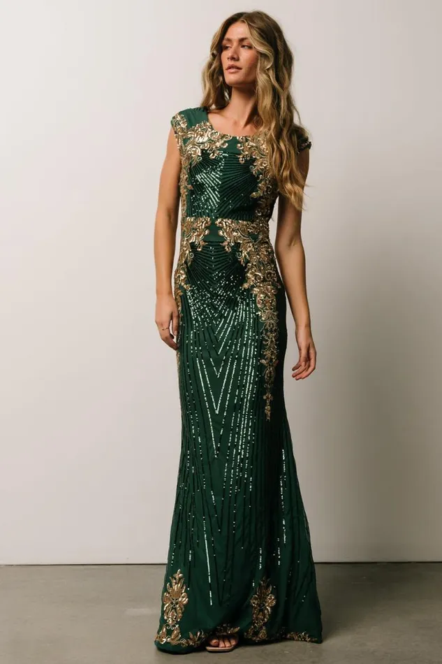 Women Azura Sequin Gown Green Gold Baltic Born Embellished and Sequined