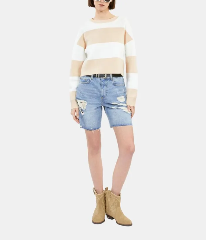 Women Beige And White Striped Long Sleeve Cotton Sweater THE KOOPLES Sweaters