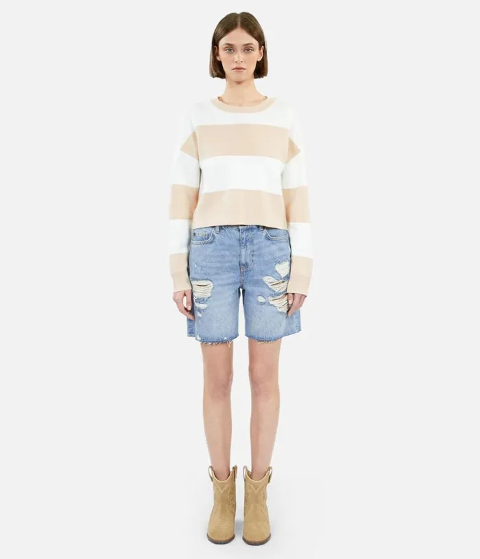 Women Beige And White Striped Long Sleeve Cotton Sweater THE KOOPLES Sweaters Women Beige And White Striped Long Sleeve Cotton Sweater THE KOOPLES Sweaters