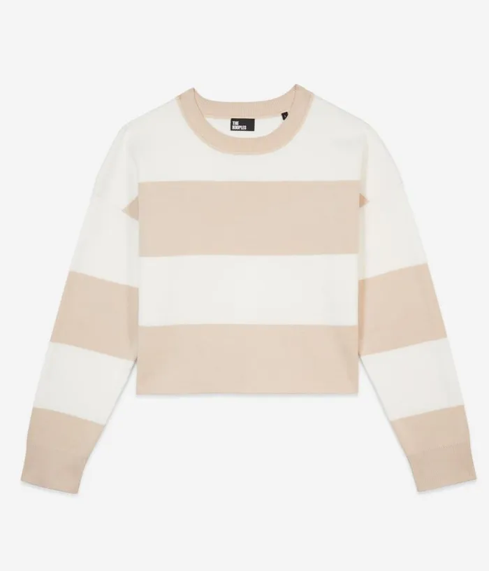 Women Beige And White Striped Long Sleeve Cotton Sweater THE KOOPLES Sweaters Women Beige And White Striped Long Sleeve Cotton Sweater THE KOOPLES Sweaters