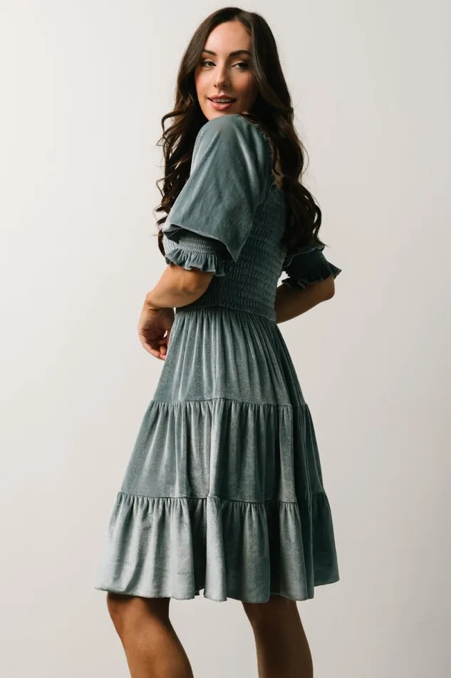 Women Bliss Smocked Velvet Short Dress Dusty Blue Baltic Born Short Dresses Women Bliss Smocked Velvet Short Dress Dusty Blue Baltic Born Short Dresses