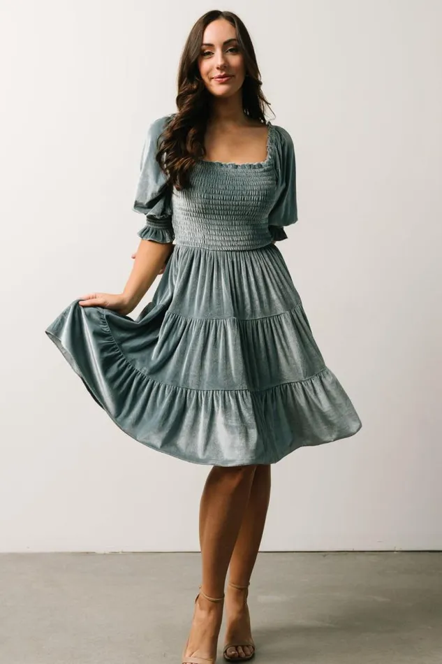 Women Bliss Smocked Velvet Short Dress Dusty Blue Baltic Born Short Dresses Women Bliss Smocked Velvet Short Dress Dusty Blue Baltic Born Short Dresses