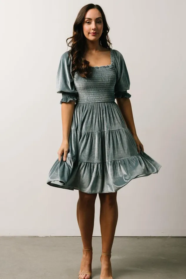 Women Bliss Smocked Velvet Short Dress Dusty Blue Baltic Born Short Dresses Women Bliss Smocked Velvet Short Dress Dusty Blue Baltic Born Short Dresses