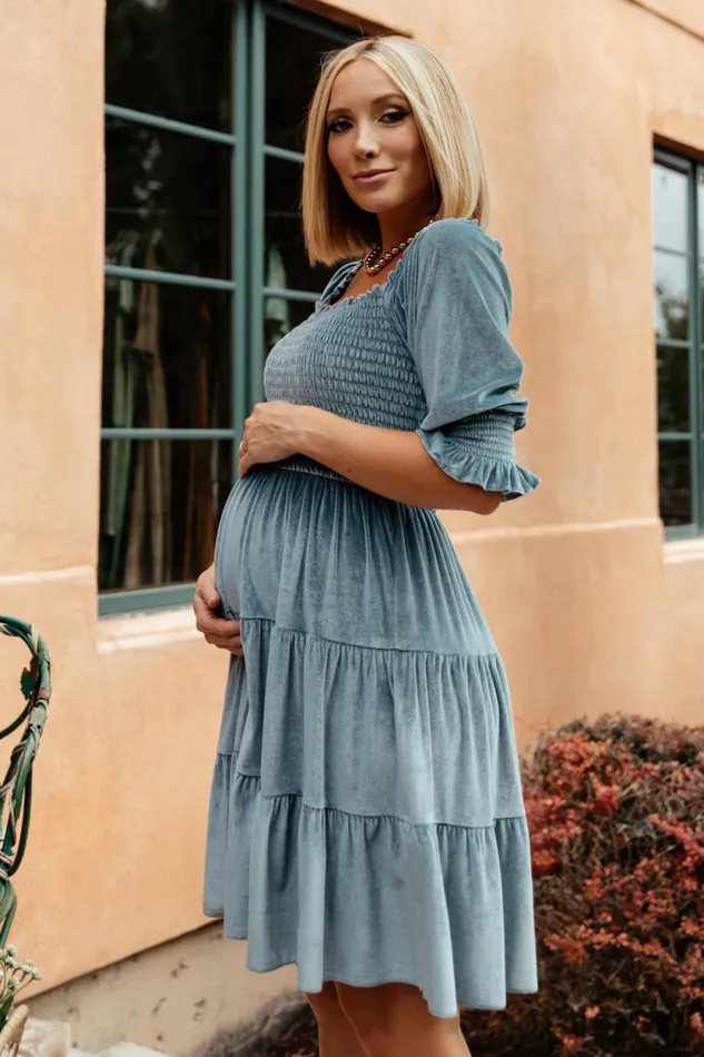 Women Bliss Smocked Velvet Short Dress Dusty Blue Baltic Born Short Dresses Women Bliss Smocked Velvet Short Dress Dusty Blue Baltic Born Short Dresses