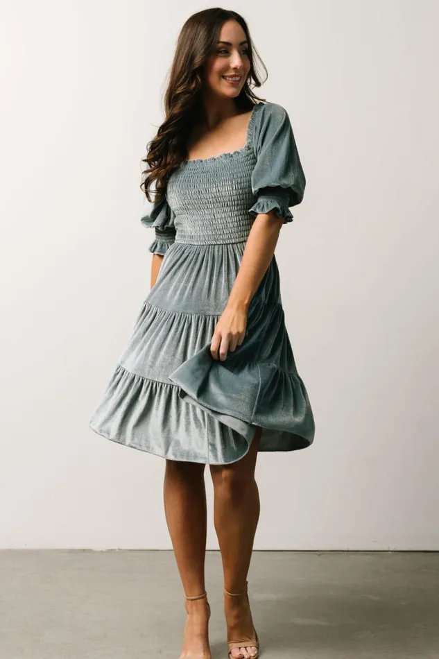 Women Bliss Smocked Velvet Short Dress Dusty Blue Baltic Born Short Dresses Women Bliss Smocked Velvet Short Dress Dusty Blue Baltic Born Short Dresses