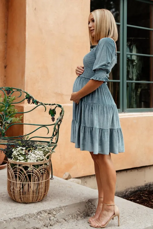 Women Bliss Smocked Velvet Short Dress Dusty Blue Baltic Born Short Dresses Women Bliss Smocked Velvet Short Dress Dusty Blue Baltic Born Short Dresses