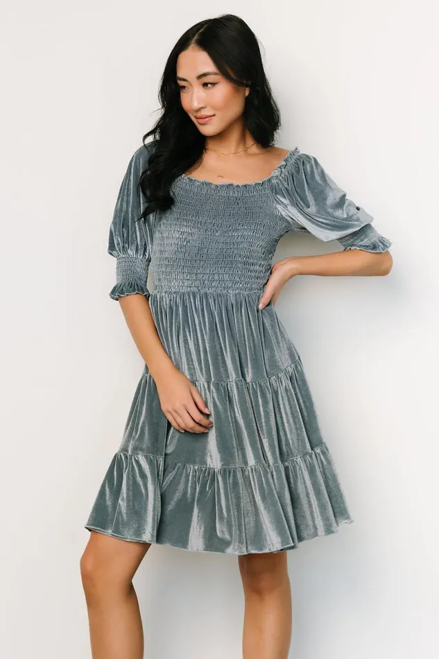 Women Bliss Smocked Velvet Short Dress Dusty Blue Baltic Born Short Dresses Women Bliss Smocked Velvet Short Dress Dusty Blue Baltic Born Short Dresses