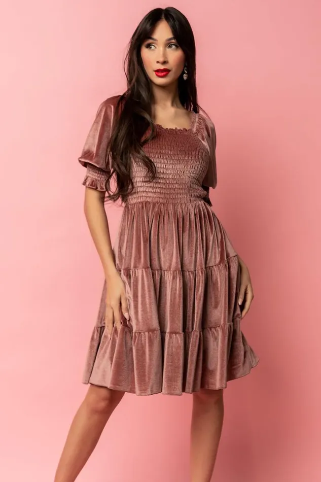 Women Bliss Smocked Velvet Short Dress Vintage Rose Baltic Born Short Dresses