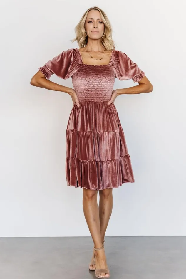 Women Bliss Smocked Velvet Short Dress Vintage Rose Baltic Born Short Dresses Women Bliss Smocked Velvet Short Dress Vintage Rose Baltic Born Short Dresses