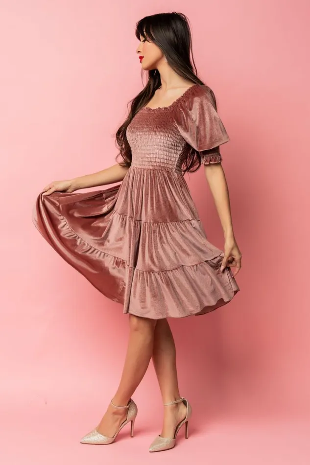 Women Bliss Smocked Velvet Short Dress Vintage Rose Baltic Born Short Dresses Women Bliss Smocked Velvet Short Dress Vintage Rose Baltic Born Short Dresses