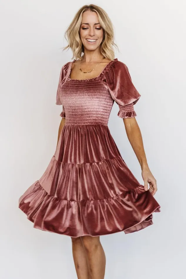 Women Bliss Smocked Velvet Short Dress Vintage Rose Baltic Born Short Dresses Women Bliss Smocked Velvet Short Dress Vintage Rose Baltic Born Short Dresses