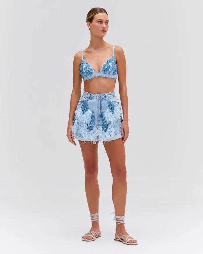 Women Bottoms PatBO Beaded Feather Denim Shorts EXCLUSIVE Denim