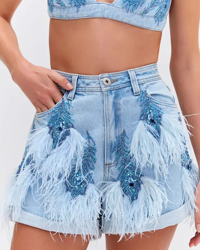Women Bottoms PatBO Beaded Feather Denim Shorts EXCLUSIVE Denim